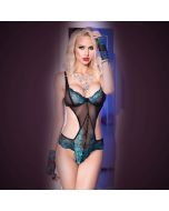 Body em Renda Padrão Floral Preto & Azul Frente 1