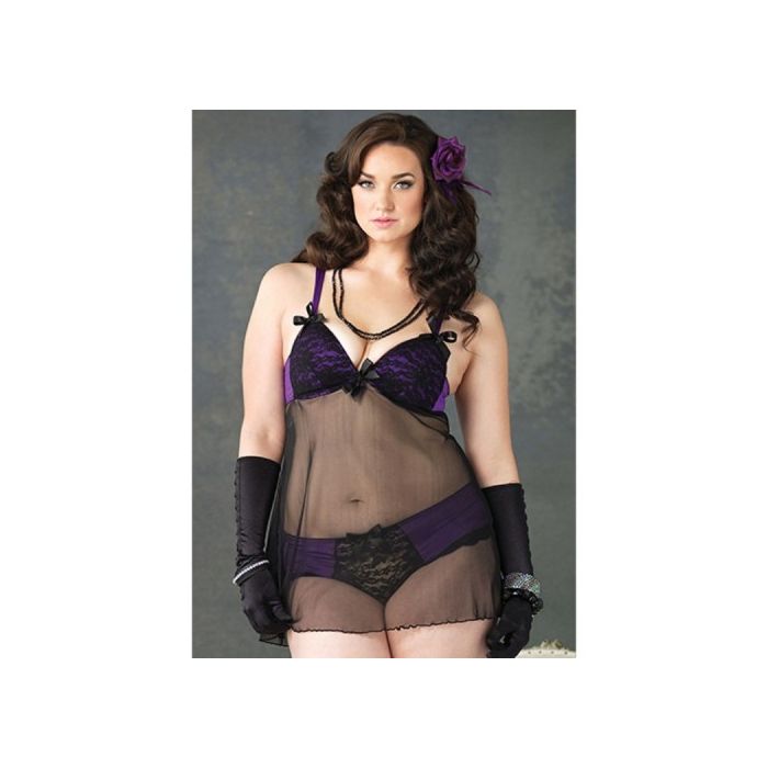 Camisa de Noite Transparente com Detalhes de Renda e de Tecido Roxo Tamanho Grande Frente