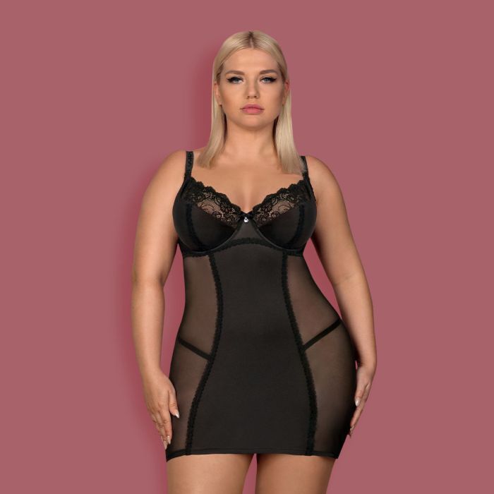 Camisa de Noite & Tanga Amallie Tamanho Queen Obsessive Preto Frente